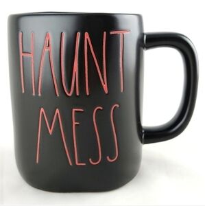 ⭐️2/ $50⭐️ Rae Dunn Black Mat Ceramic Mug Pink Large Letter HAUNT MESS Halloween